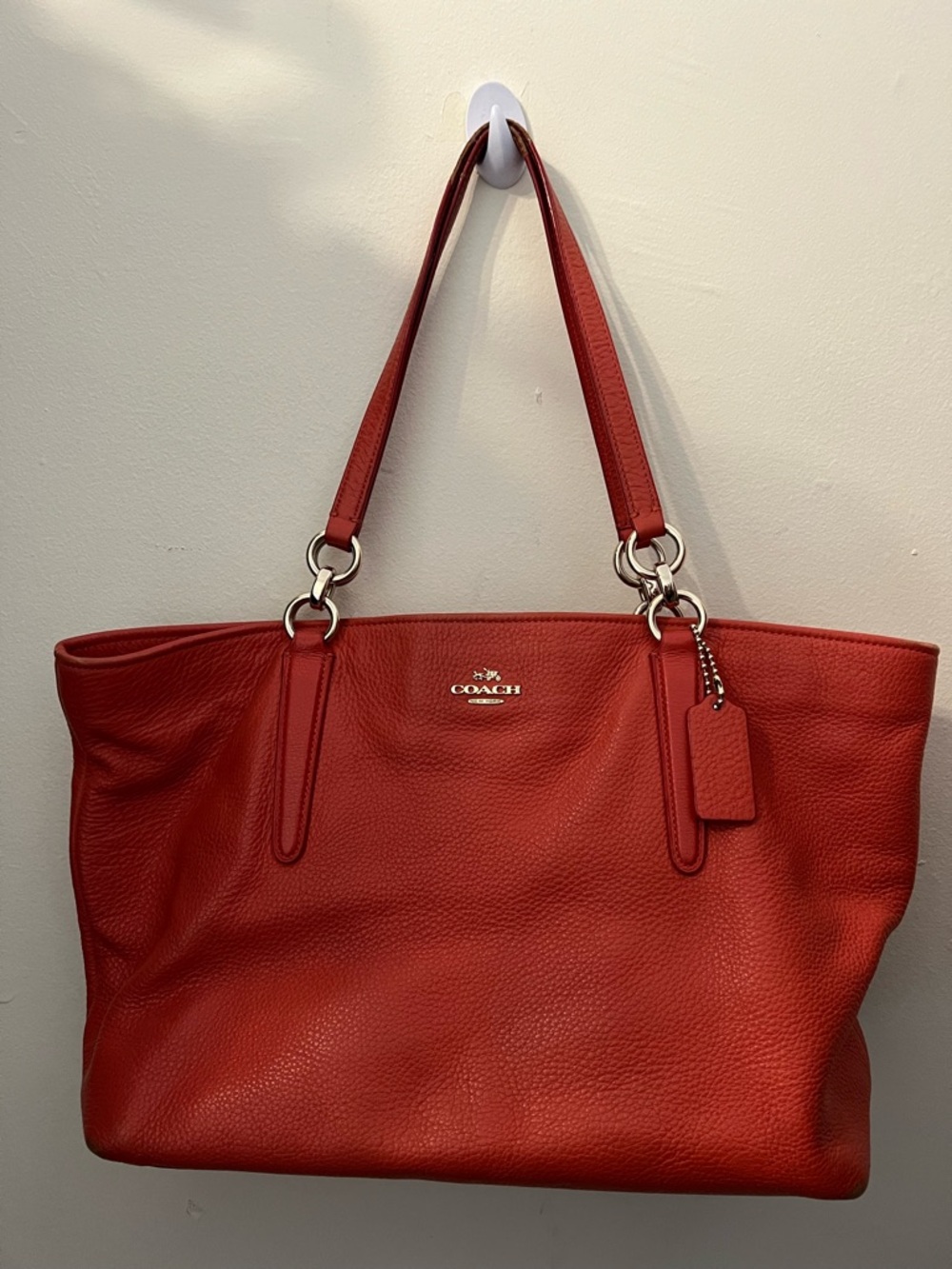 Coach Red Pebbled Leather Tote with Silver Hardware